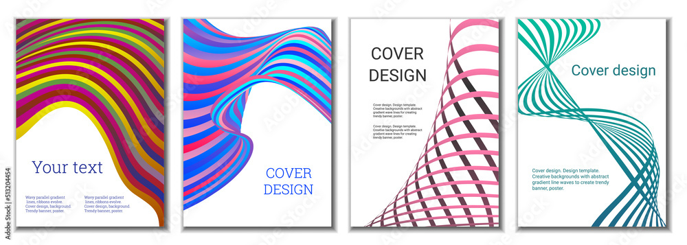 A set of 4 abstract covers. Wavy parallel gradient lines, ribbons evolve. Cover design, background. Trendy banner, poster. A set of 4 abstract covers. Wavy parallel gradient lines, ribbons evolve. Cover design, background. Trendy banner, poster.
