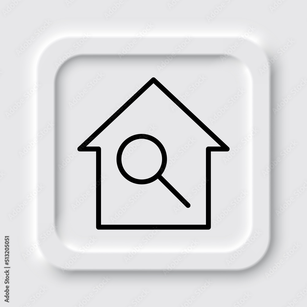 Magnifier, zoom, house simple icon vector. Flat design. Neumorphism design.ai Magnifier, zoom, house simple icon vector. Flat design. Neumorphism design.ai