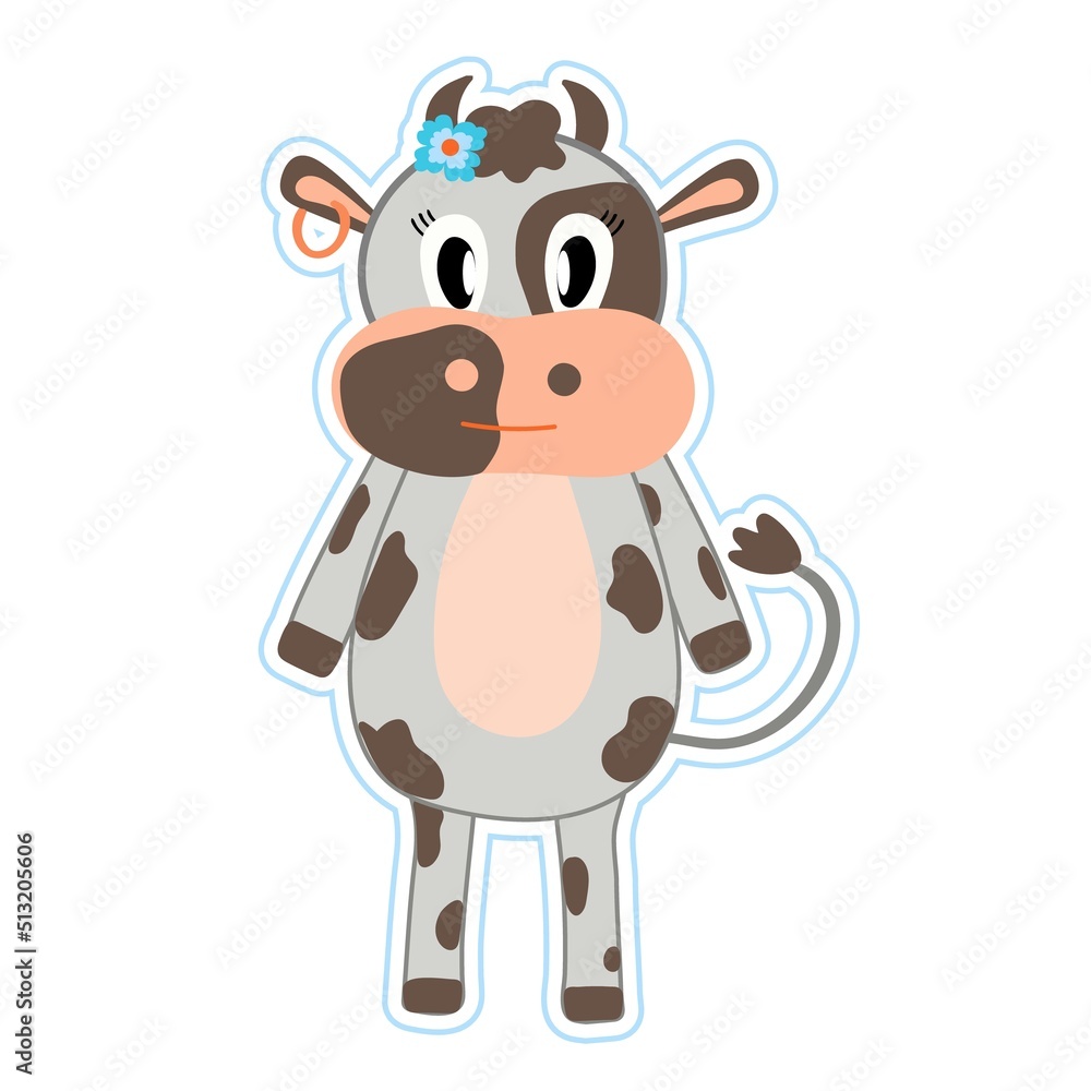 Sticker with a cute cow. Cartoon flat vector illustration. Milk day. Design or sticker Sticker with a cute cow. Cartoon flat vector illustration. Milk day. Design or sticker