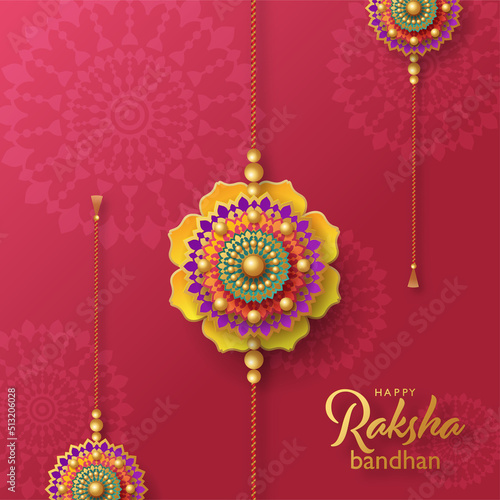 Beautiful gold raksha bandhan greeting card  with color background.