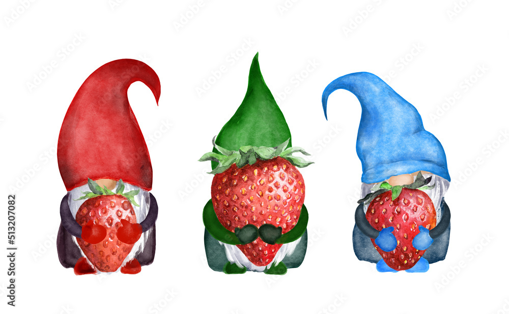Small gnome with strawberry berries. Watercolor with dwarf and summer fruit