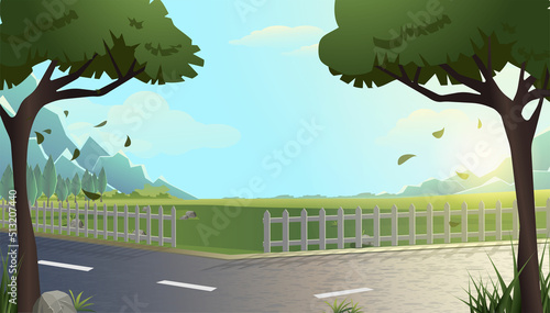 WeVector flat style background with white fence, green lawn and trees.b