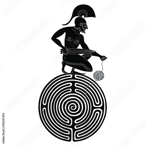 Ancient Greek warrior man seated on top of a round spiral maze or labyrinth symbol and holding a yarn ball. Theseus. Ariadne's thread. Creative mythological concept. Black and white silhouette.