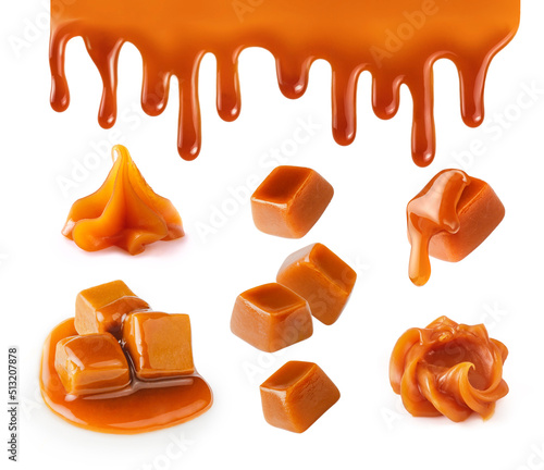 Set of caramel cubes, caramel drops and caramel sauce. Dripping caramel drops of sweet sauce isolated on white background photo