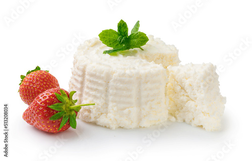 Canvas Print Ricotta cheese with mint leaves and strawberries isolated on white