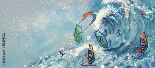 Ocean, Extereme Sport. Watercolor design background