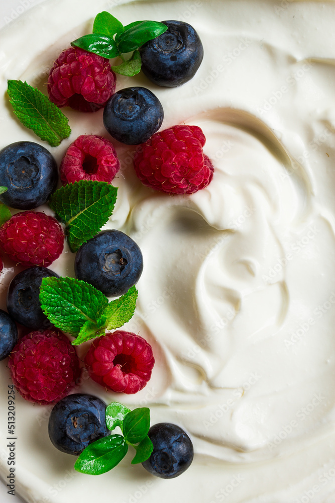 Breakfast, yogurt with fresh berries, raspberries and blueberries, on a white background, selective focus, no people, healthy food, Breakfast, yogurt with fresh berries, raspberries and blueberries, on a white background, selective focus, no people, healthy food,