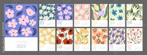 Floral calendar template for 2023. Vertical design with bright colorful flowers and leaves. Editable illustration page template A4, A3, set of 12 months with cover. Vector mesh. Week starts on Sunday.