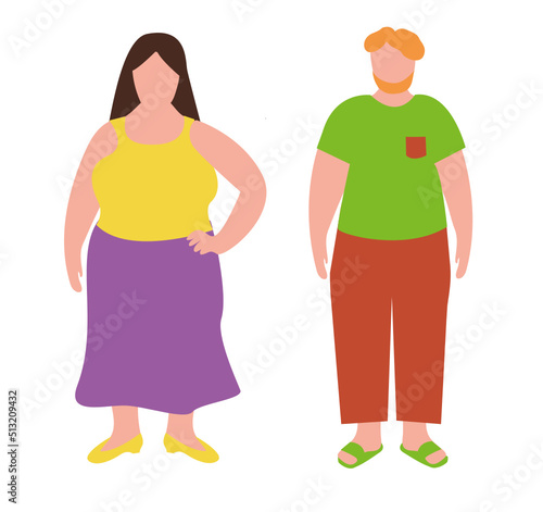 Flat cartoon illustration of overweight woman and man. Plus size person male and female characters. Body positive . I love my body. Adults with overweight problems. Isolated on a white background.	