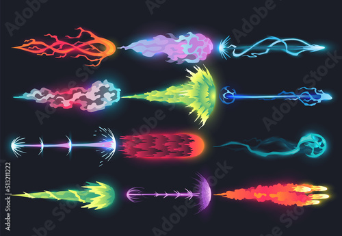 Cartoon laser gun beams. Futuristic shot effects. Blaster attacks set. Alien combat weapon rays. Destructive plasma flows. Vector game elements. Bomb explosion