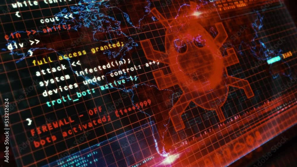 Cyberattack message on computer screen. Cyber attack, security breach and russian hacker abstract concept 3d animation with glitch effect.