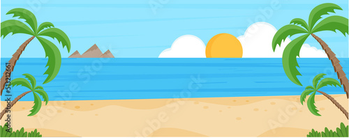 Tropical landscape with beach, mountains, sun, sea and palm trees. Tropical beach. Sea landscape.Tropical iland. Vector background with sea and beach. Horisontal banner.