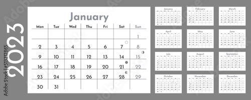 2023 calendar template with moon phases. Week starts on Monday. Wall calender in a minimalist style. Monthly cycle planner. Horizontal grid. Agenda organizer. Vector illustration