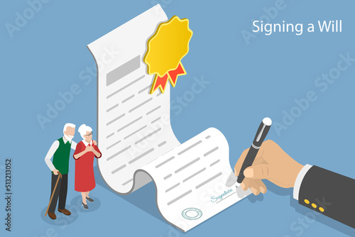3D Isometric Flat Vector Conceptual Illustration of Signing a Will, Testament Drafting, Notary Service