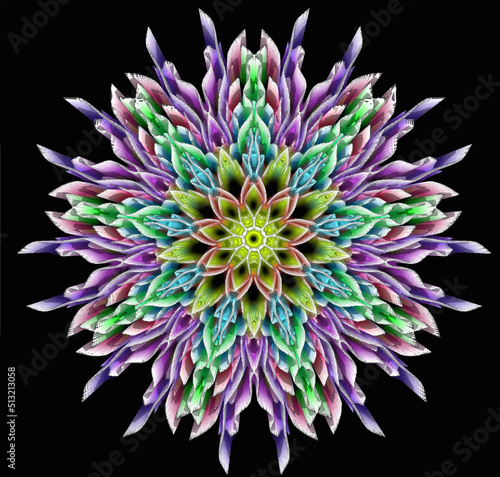Abstract intricate symmetrical floral ornament. Fantastic fractal mandala. Psychedelic digital art. 3d rendering.