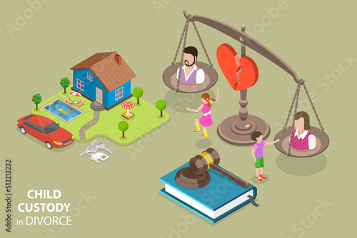 3D Isometric Flat Vector Conceptual Illustration of Child Custody In Divorce, Family Law Separation