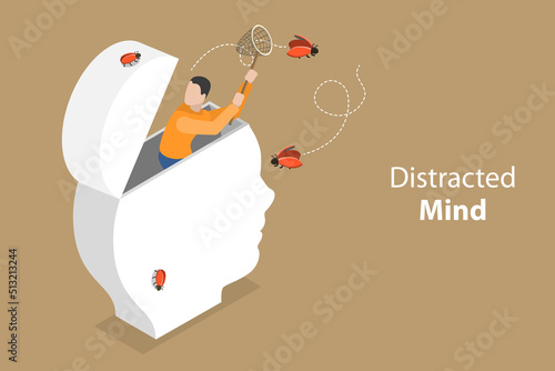 3D Isometric Flat Vector Conceptual Illustration of Distracted Mind, ADHD Attention Disorder photo