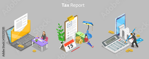 3D Isometric Flat Vector Conceptual Illustration of Tax Calcualtion Report, Online Declaration Filing