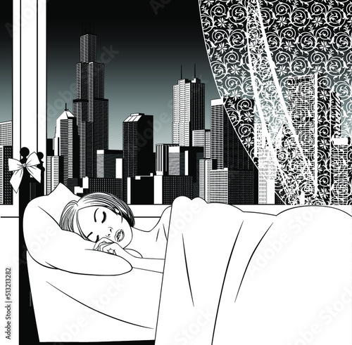 Linear black and white drawing of a sleeping blonde girl In the bed woman near the window overlooking the modern city