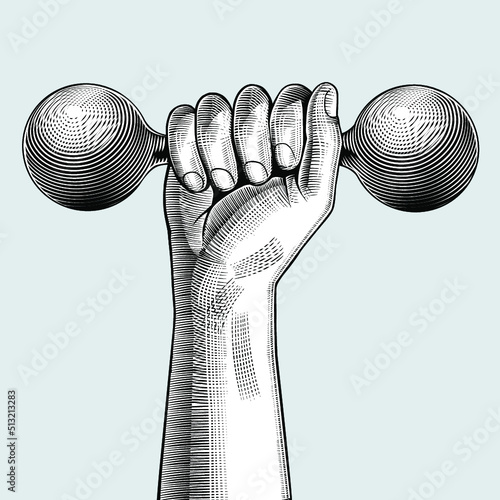 Engraved vintage drawing of a hand with a dumbbell