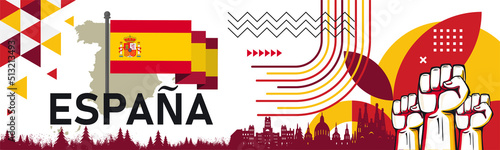 Spain national day banner for España , Espana or Espania with abstract modern design. Flag and map of Spain with red yellow color theme. Barcelona Madrid skyline in background. Vector illustration.