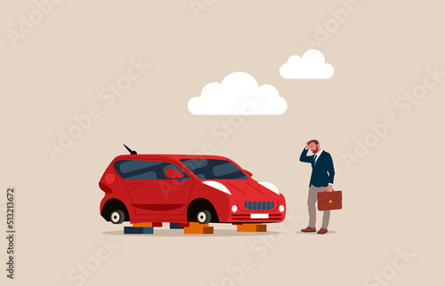 Thief stole all four wheels from a new car. A shocked businessman looks at a parked car without wheels. City criminal scene.