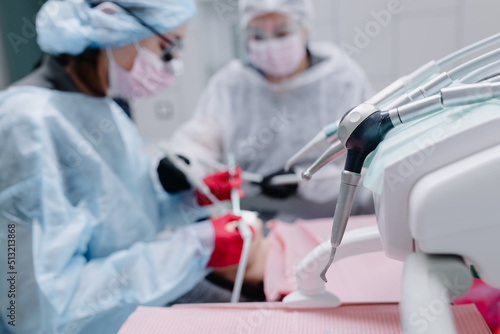 Dental equipment close up on the background of the workflow in the dentist s office