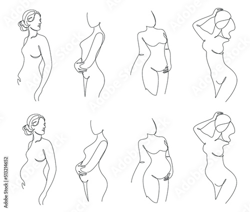 Collection. Slim girl silhouettes in modern single line style. The woman is pregnant. Solid line, outline aesthetic decor, posters, stickers, logo. Set of vector illustrations.