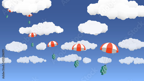 Dollars falling from the sky in wide. As the United States faces an impending recession, government stimulus money is dropped into the economy. 