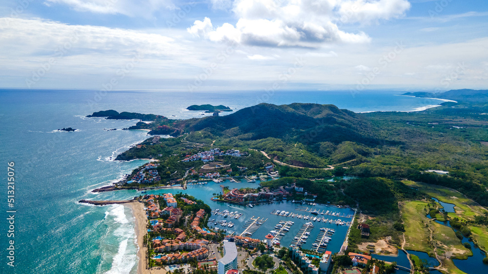 Panoramic aerial view of the harbour along the bay, Ixtapa