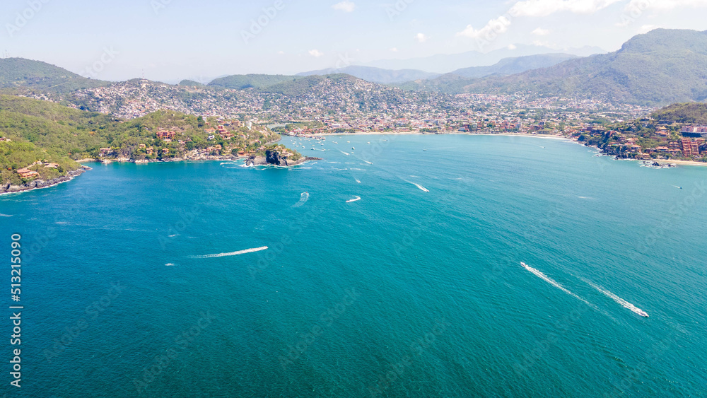 Turquoise water panoramic background from drone. Summer seascape from air. Ixtapa. Travel - image