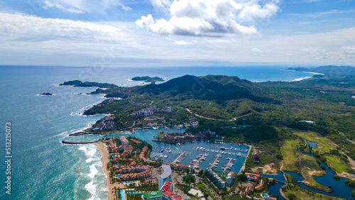 Panoramic aerial view of the harbour along the bay, Ixtapa