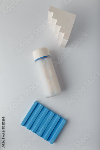 Cosmetics bottle mock up on white background, blank label, no brand. Cream refiner, shampoo, foam container for face skin care, flatlay