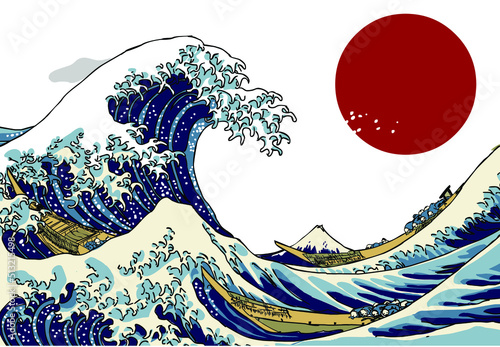 Photo Vector sketch from the big japanese tsunami, Hokusai The Great Wave Of Kanagawa