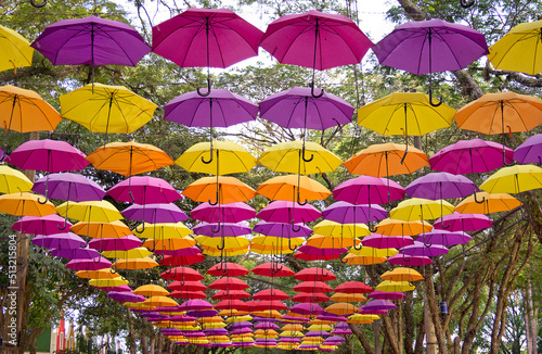 Decoration with umbrellas over holambra street, June, 2022