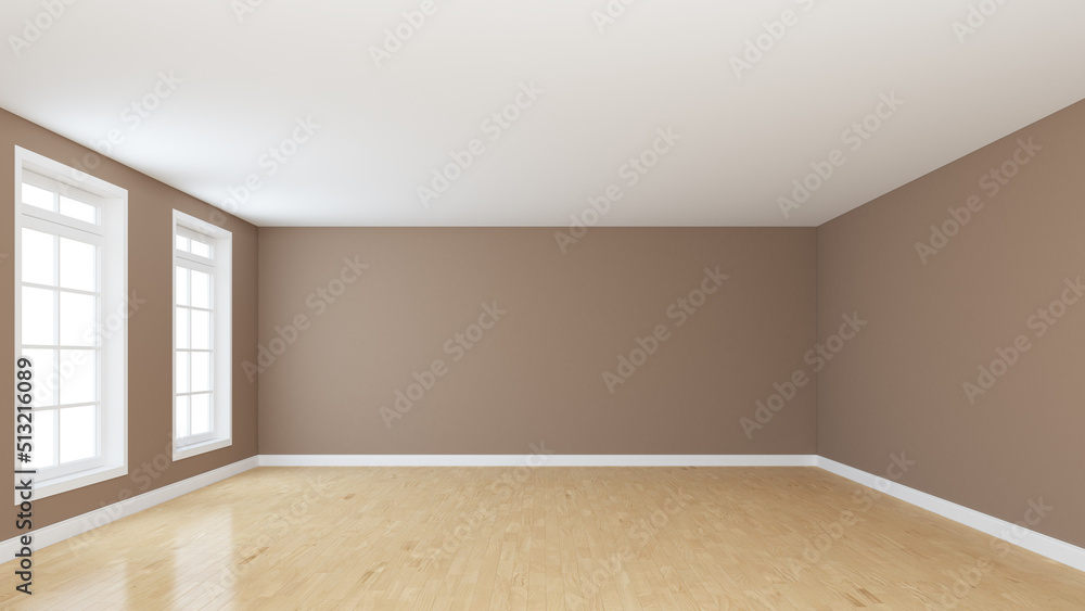 Concept of the Room with Light Brown Walls, Two Windows, Light Parquet and a White Plinth. Perspective View. High Quality 3D Render with a Work Path on the Windows. 8K Ultra HD, 7680x4320, 300 dpi Concept of the Room with Light Brown Walls, Two Windows, Light Parquet and a White Plinth. Perspective View. High Quality 3D Render with a Work Path on the Windows. 8K Ultra HD, 7680x4320, 300 dpi