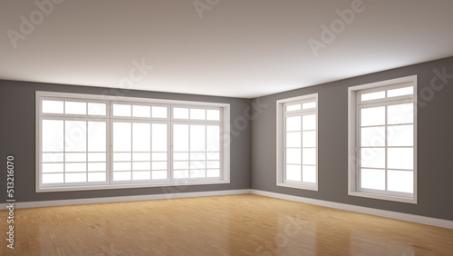 Corner of the Interior with Grey Walls  Three Large Windows  Light Glossy Parquet Flooring and a White Plinth. Perspective View. 3D rendering with a Work Path on the Windows. 8K Ultra HD  7680x4320
