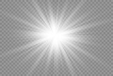 White glowing light explodes on a transparent background. with ray. Transparent shining sun, bright flash. 