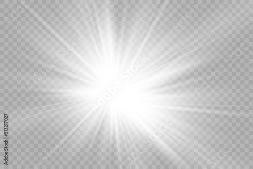 White glowing light explodes on a transparent background. with ray. Transparent shining sun, bright flash.	
