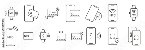 NFC payment linear icons set vector outline illustrations.