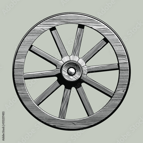 Isolated engraved vintage drawing of wooden cart wheel