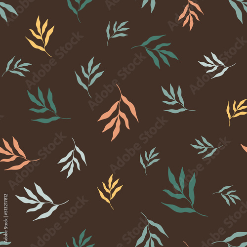 Vector illustration of autumn plants forming seamless pattern on brown background