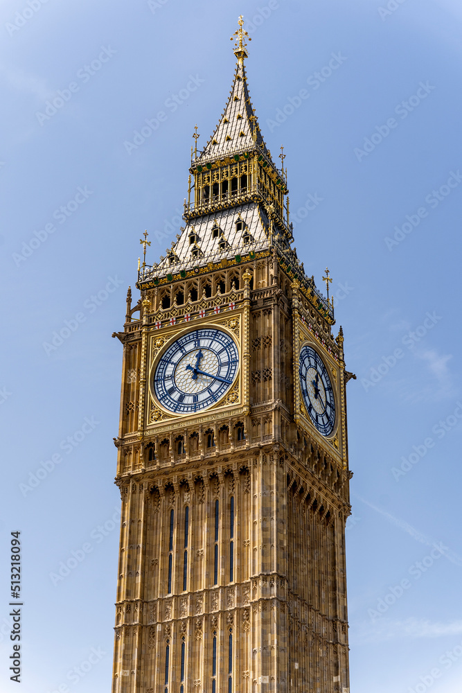 Closeup of the Big Ben, aka the Great Bell of the striking clock at the north end of the Palace of Westminster, newly restorated, seen from Westminster Bridge, in London, United Kingdom
