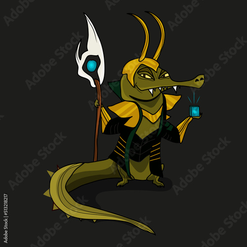 The character is an alligator warrior. Loki. The god of deception and reincarnation. The Scandinavian god of evil. A comic book character. Cartoon style.