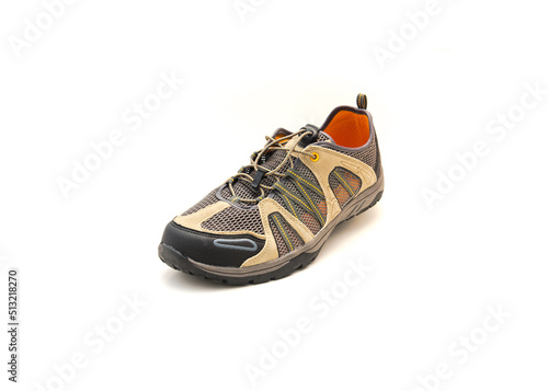 Single khaki orange water shoe with drying synthetic leather, quick release bungee lace system and mesh uppers isolated on white background