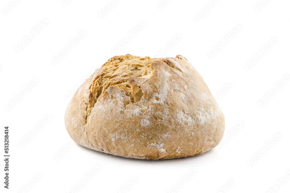 Round Loaf of white single bread on white background - obrazy, fototapety, plakaty 