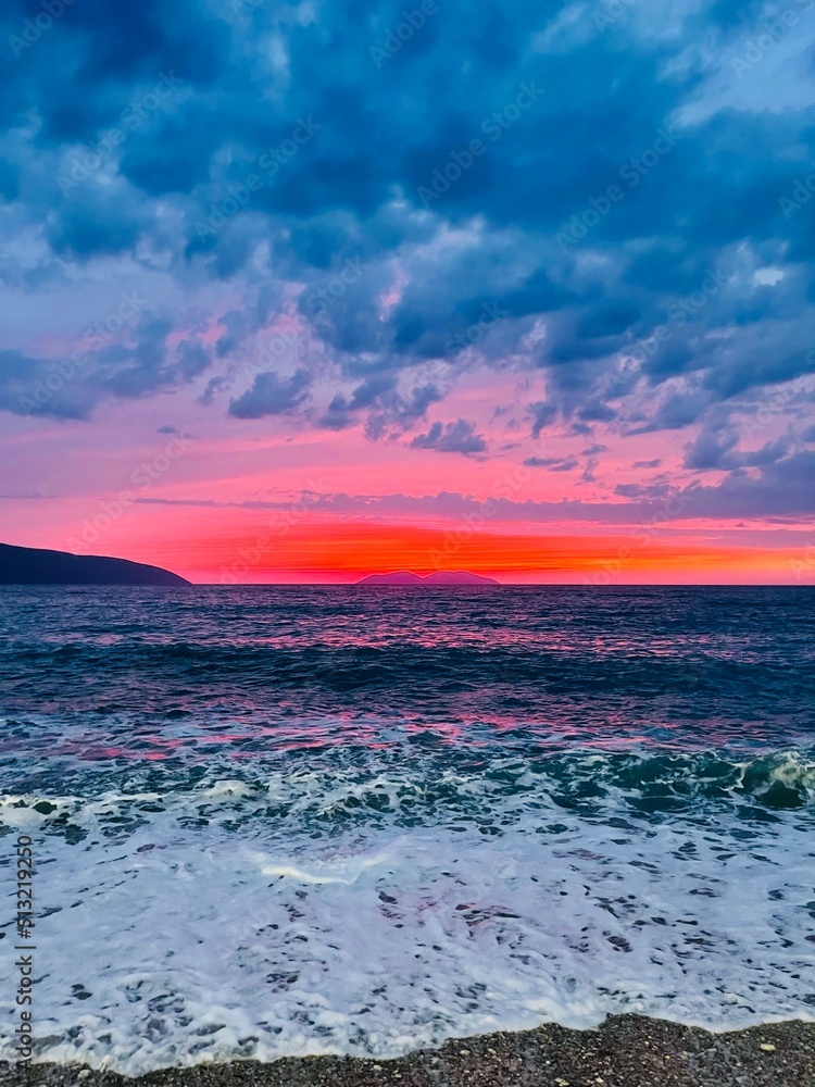 Scenic sunset over Ioninan sea in Vlore Albania .