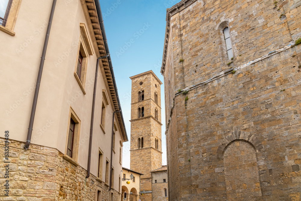 The Bell Tower of the Volterra Cathedral in the medieval hill town of Volterra, Italy.