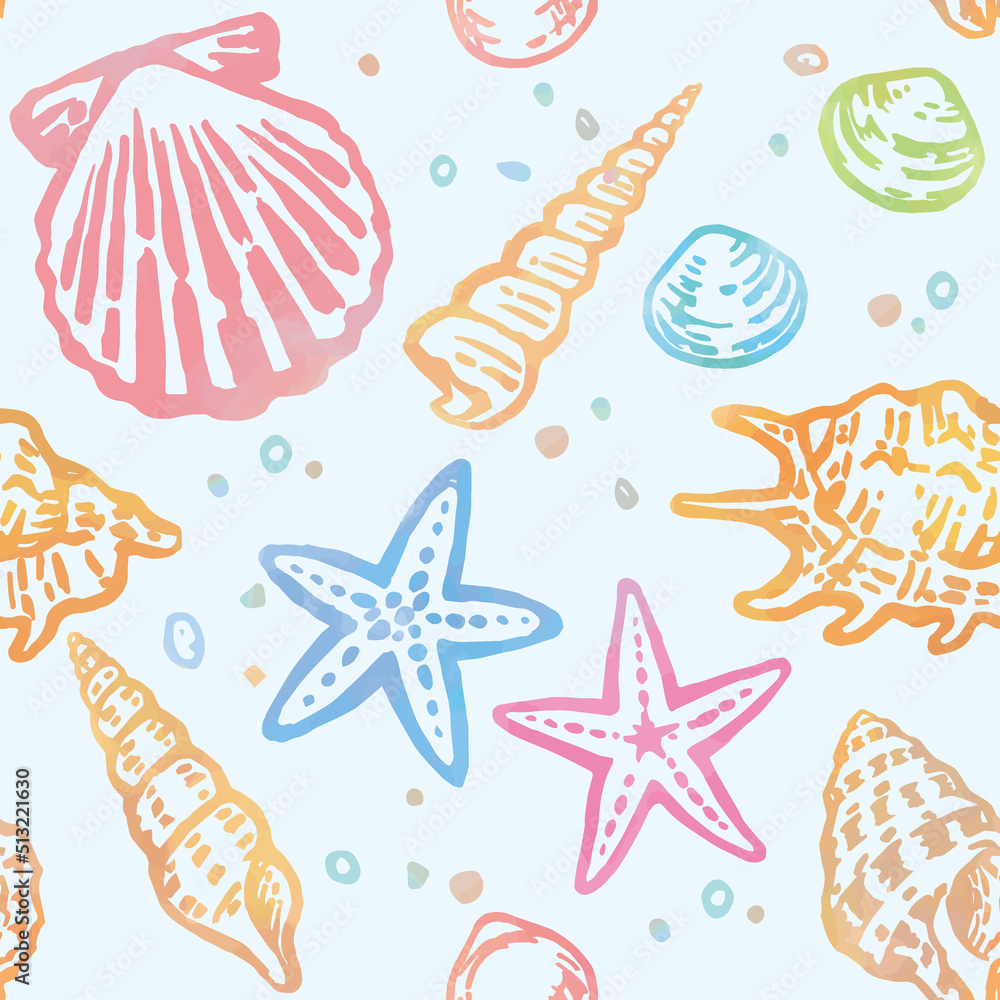 海の貝、ヒトデ、サンゴのシームレスパターン。水彩画風、ベクターイラスト素材。 海の貝、ヒトデ、サンゴのシームレスパターン。水彩画風、ベクターイラスト素材。