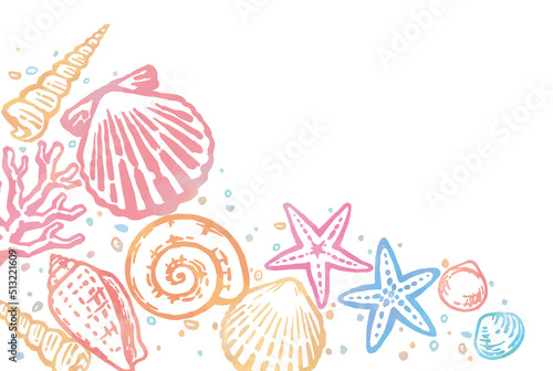 海の貝、ヒトデ、サンゴのフレーム、背景。水彩画風、ベクターイラスト素材。
